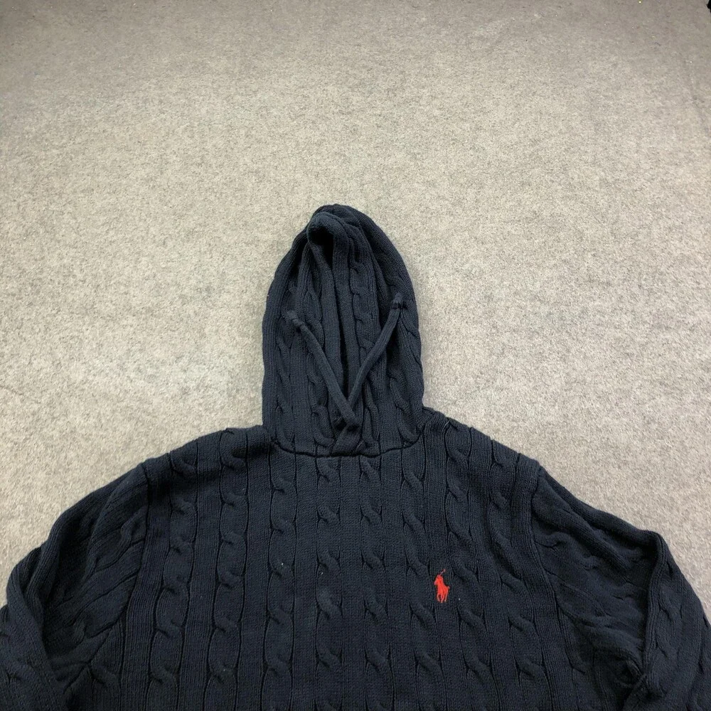 Polo Ralph Lauren Sweater Mens Large Blue Cable Knit Hooded Pullover Logo